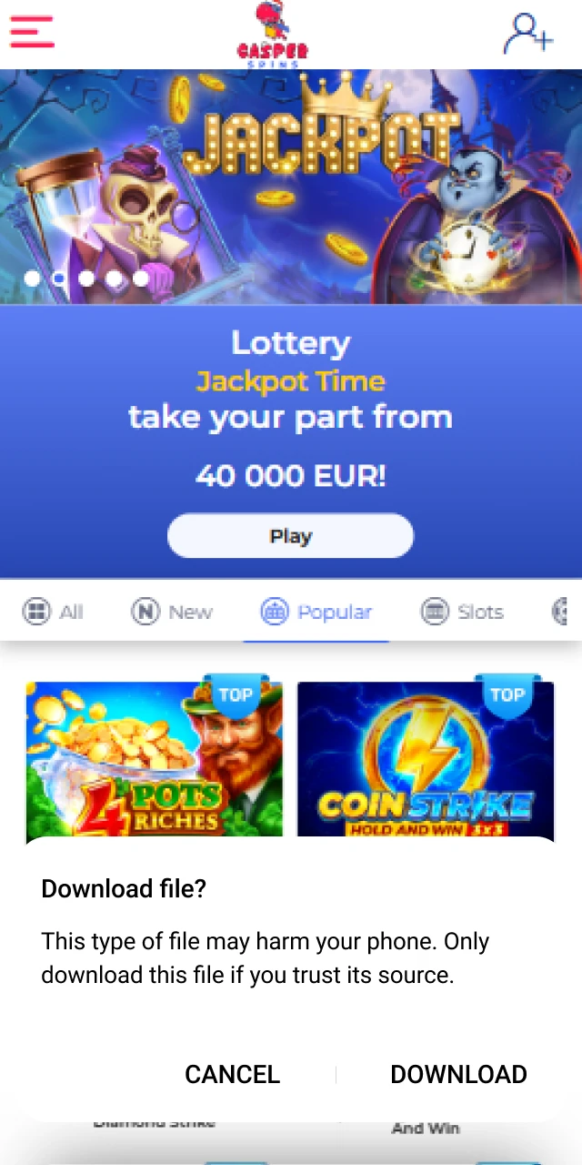 Tap to accept the Casper Spins App download on Android.