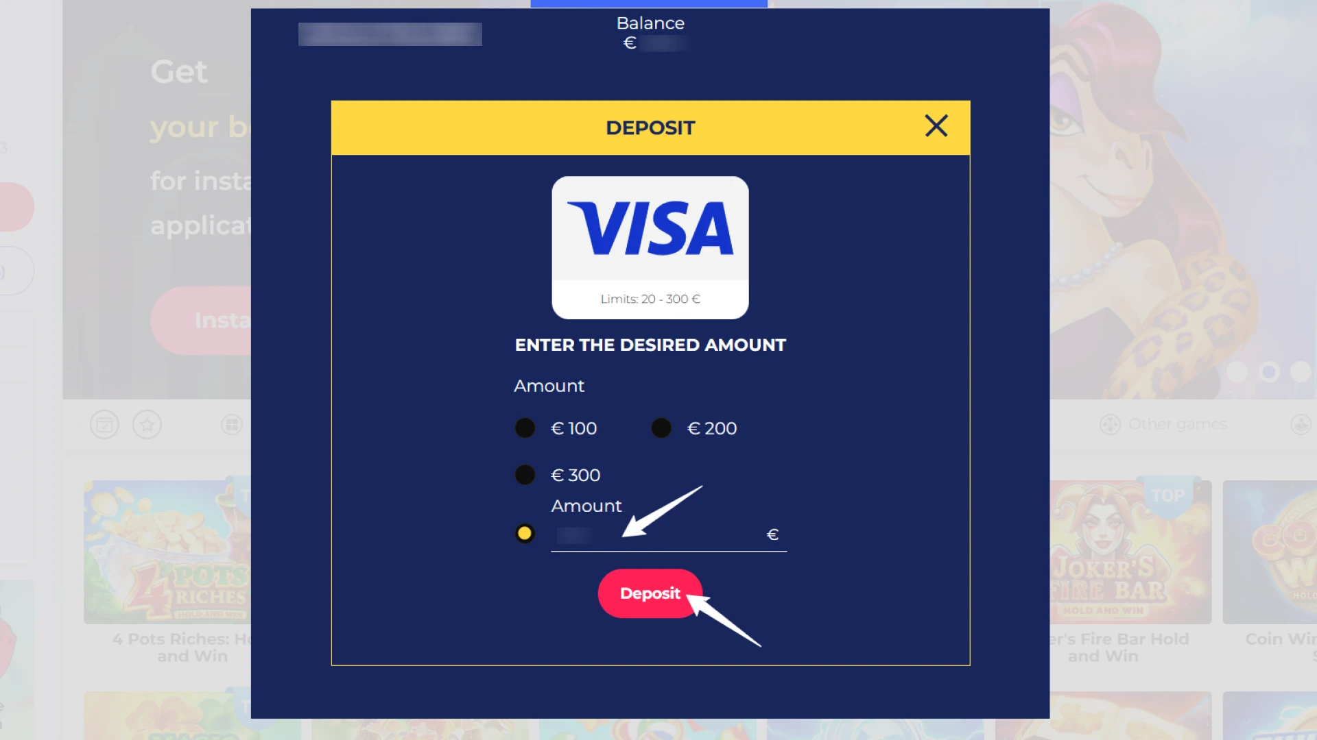 Deposit funds into your Casper Spins account using secure payment methods.