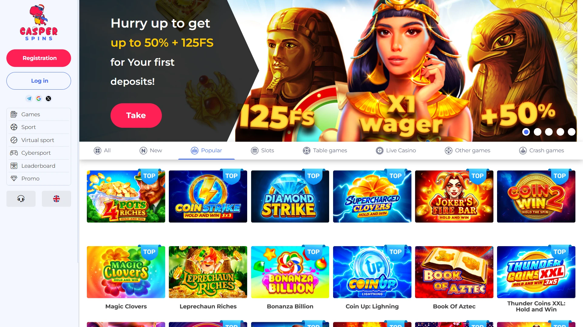 Visit the main page of Casper Spins Casino and play games.
