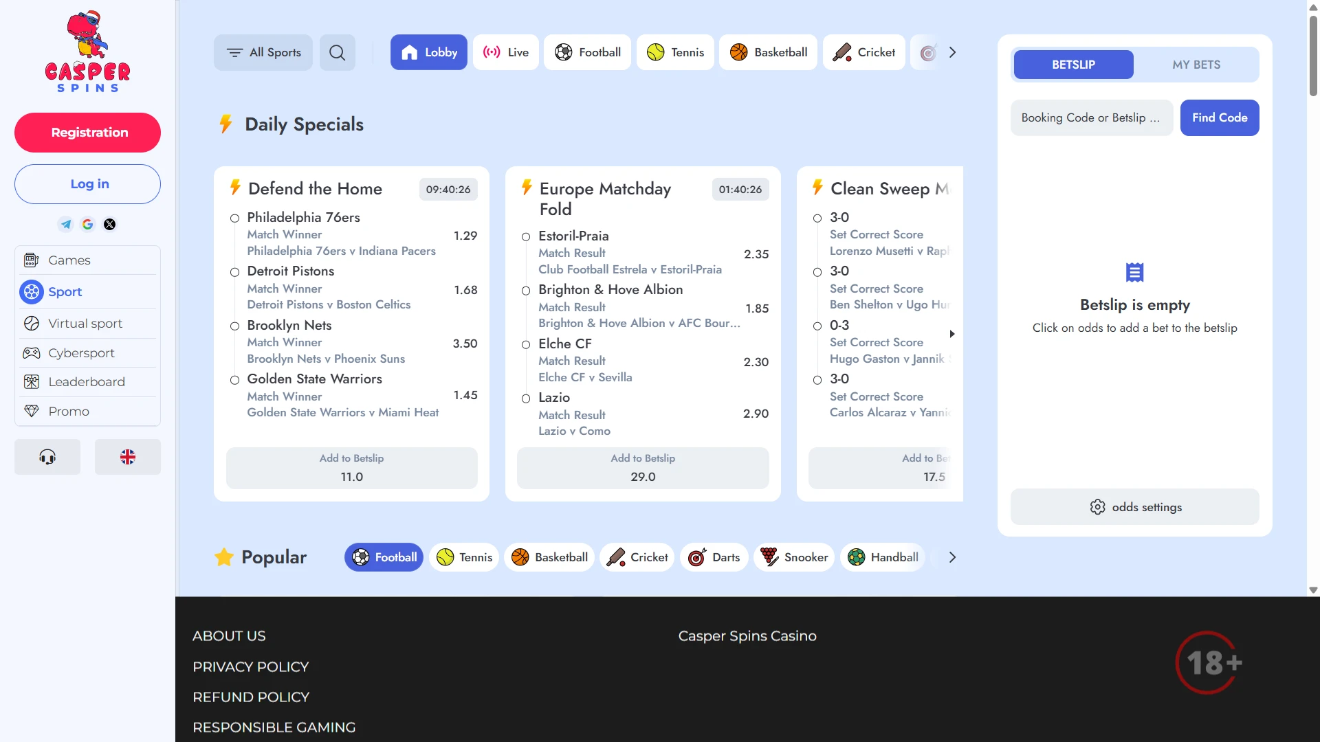 Explore the diverse sports betting options at Casper Spins Casino today.