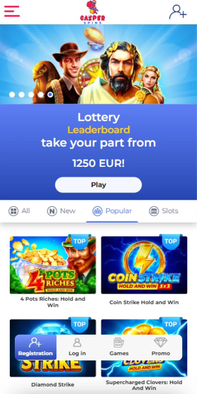 Explore the Casper Spins App interface and start your mobile journey.