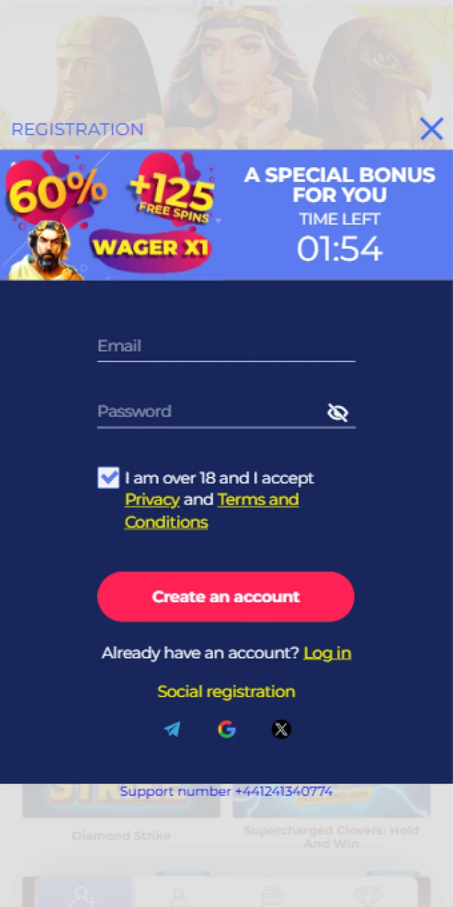 Register a new account through the Casper Spins App for mobile.